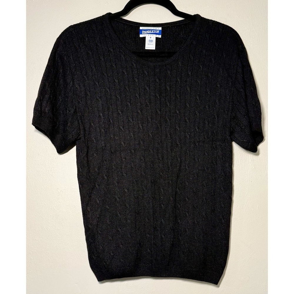 Vintage Pendleton Cable Knit Sweater Women's Size M Short Sleeve Black USA Made
